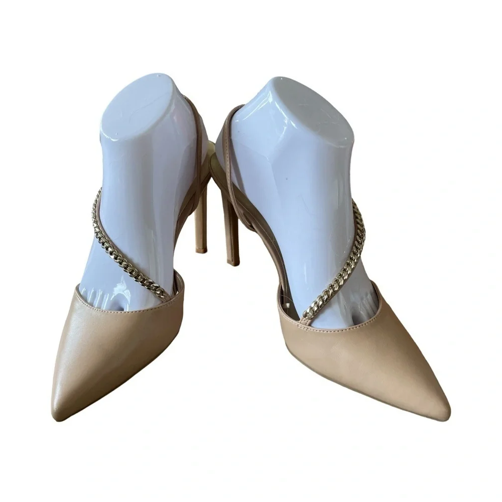 Nine West Nude Slingback Pointed Toe Heels with Chain Detail Size 8.5